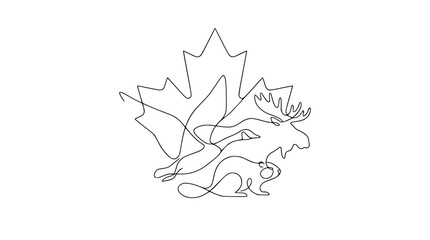 Canadian Wildlife Silhouette - Moose, Beaver, Goose, Maple Leaf - Single Line Art © Nur