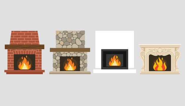 Set of four fireplaces in brick, stone, modern white, and classic marble designs with burning flames for home comfort.