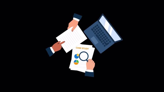 Business Professionals Analyzing Case Study Data with Laptop and Magnifying Glass Animation - Transparent