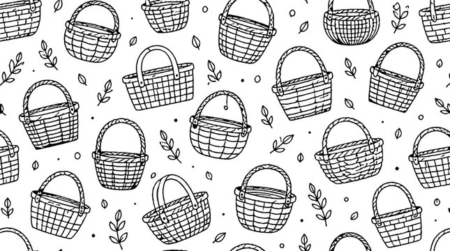 Repeating Pattern of Woven Baskets and Floral Elements.