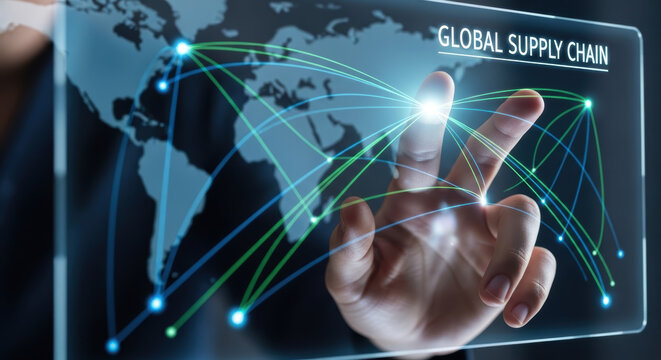 Global supply chain e commerce logistics evolution concept with hand pointing on digital world map network connections