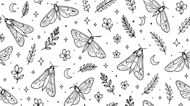 Whimsical moth and floral pattern in black and white.