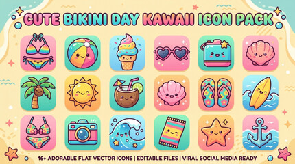 Fototapeta premium Cute kawaii beach icons for summer fun