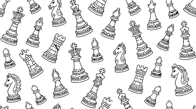 Detailed chess pieces pattern in black and white.