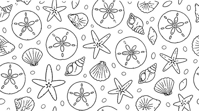 Detailed seashell and starfish pattern illustration.