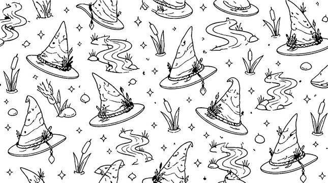 Whimsical Witch Hat Pattern with Frogs and Reeds.