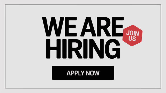 We Are Hiring text with Apply Now button and hexagon icon employment recruitment