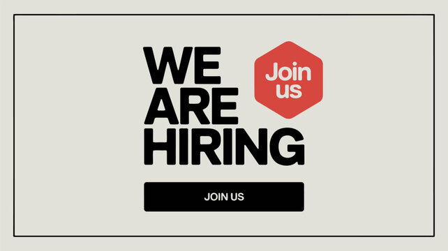 We Are Hiring text with Join Us button and hexagon icon employment recruitment