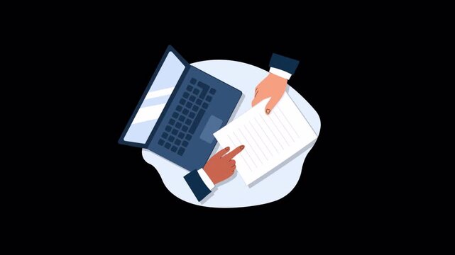 Top View of Business People Reviewing Documents Together Animation - Transparent