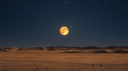 A large, bright, full moon hangs in the night sky over a vast, barren desert landscape.