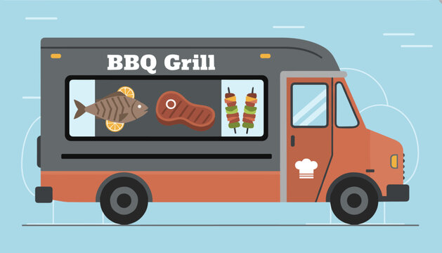 Modern BBQ grill food truck illustration featuring graphics of fresh fish, steak, and kebabs on the side for mobile catering service.