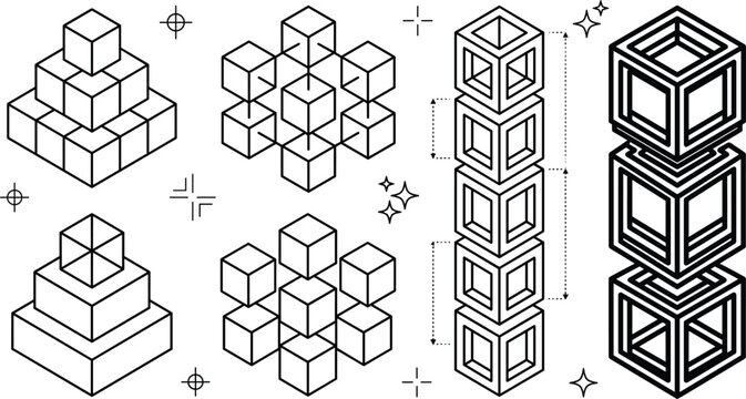 Isometric 3D cube block structures set representing data architecture blockchain network technology vector line illustration