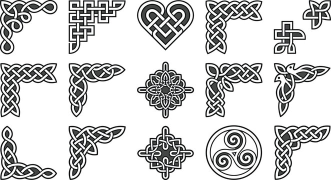Celtic knot corners, irish triskele heart icons, traditional ornament frames, ethnic line borders, black decorative vintage geometric graphic elements