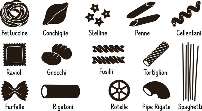 Italian pasta types, fettuccine penne spaghetti silhouettes, ravioli farfalle fusilli icons, macaroni variety gourmet food culinary cooking graphic designs