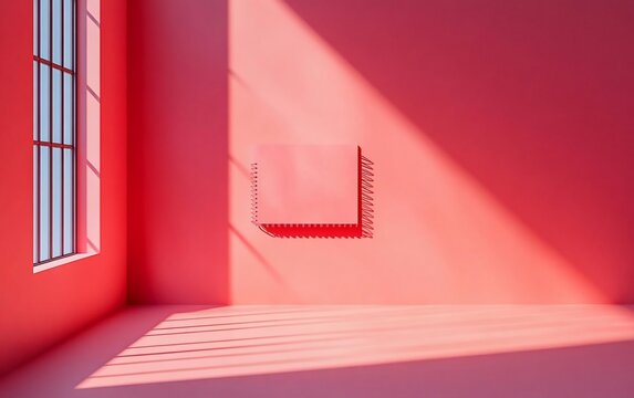 Minimalist pink room interior with sunlight and empty space.