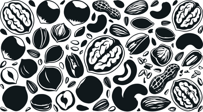 Nuts silhouette elements, walnut hazelnut icons, peanut cashew almond seeds, organic healthy food snacks, raw natural harvest product pattern designs