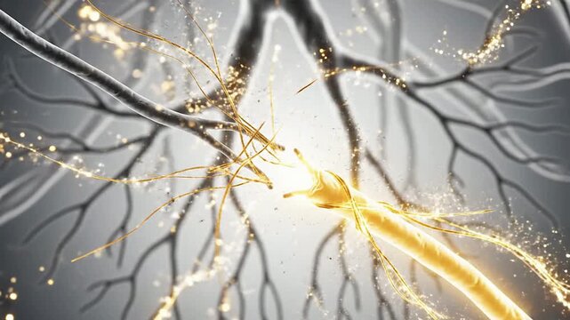 Neuroregeneration Process: Damaged Nerve Fiber Being Woven Back Together with Glowing Connections in a 4K Animation Showing Healing in the Nervous System