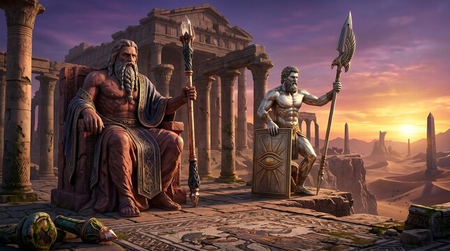 Ancient King on Stone Throne with Guard at Desert Sunset