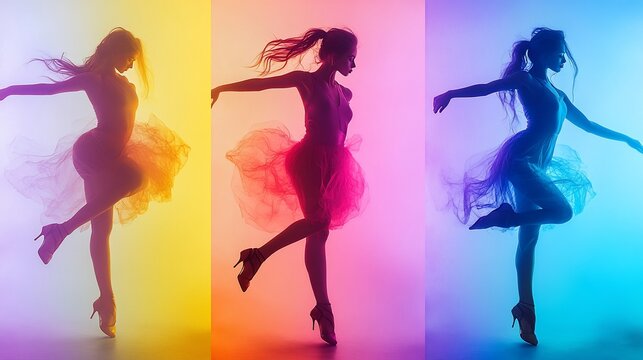 Silhouettes of a woman in a flowing skirt dancing in different colored backgrounds.