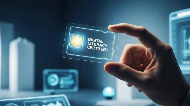 Digital literacy certified card held by hand symbolizes workforce reskilling automation modern technology education development with futuristic