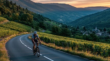 Fototapeta premium Solo Cyclist Training Through French Vineyards