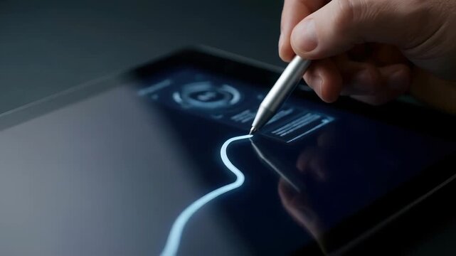 Stylus tablet hand digital drawing screen navigation strategic precision guides glowing line for creative work on dark touchscreen
