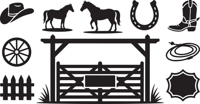 Western, ranch, farm icons, black silhouette set, 10 vector graphics