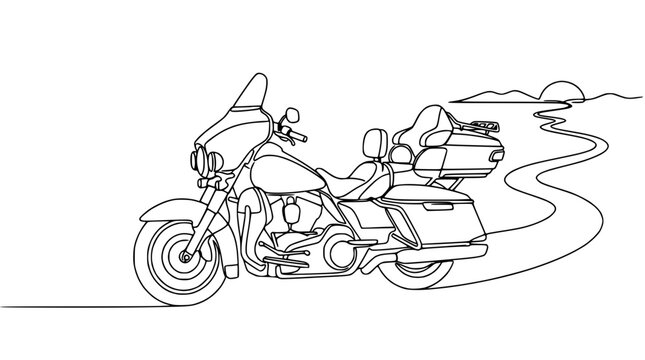 Continuous line drawing of a touring motorcycle on a winding road at sunset.