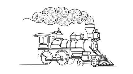 Vintage steam train line art illustration, smoke with heart shapes, simple drawing © Wesi
