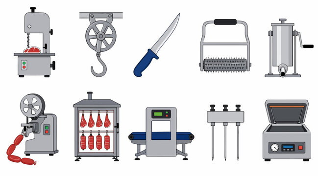 Collection of industrial kitchen and butchery equipment icons.