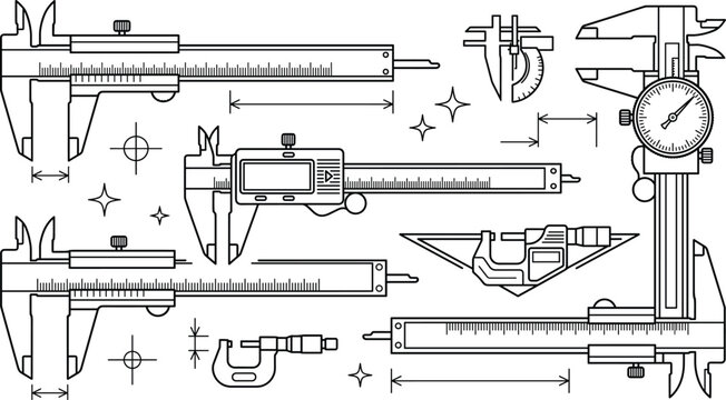 Vernier caliper and micrometer icons set for precision engineering measurement tools vector line art illustration