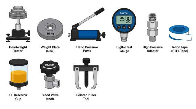 Collection of industrial tools and measurement devices on display.