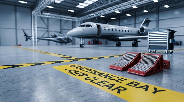 Aviation maintenance bay in airplane hangar with warning sign