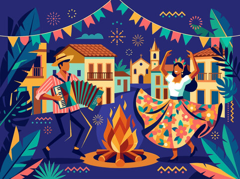 Brazilian Festa Junina Celebration Vector Illustration with Accordion Player and Dancer