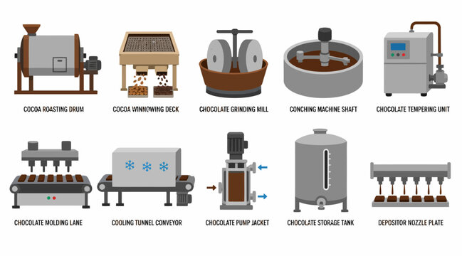 Collection of cocoa and chocolate processing equipment illustrations.