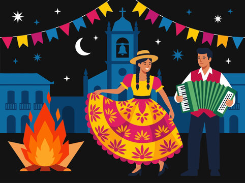 Brazilian Festa Junina Celebration with Dancing Couple and Accordion