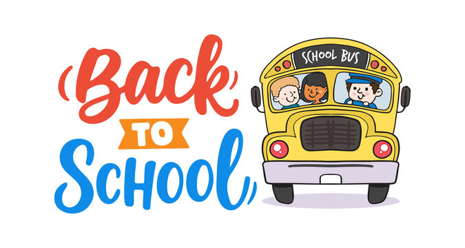 Back to school typography banner with yellow bus and happy kids PNG