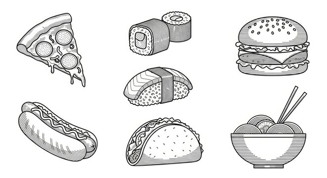 A black and white line drawing depicts a collection of various foods arranged on a white background.