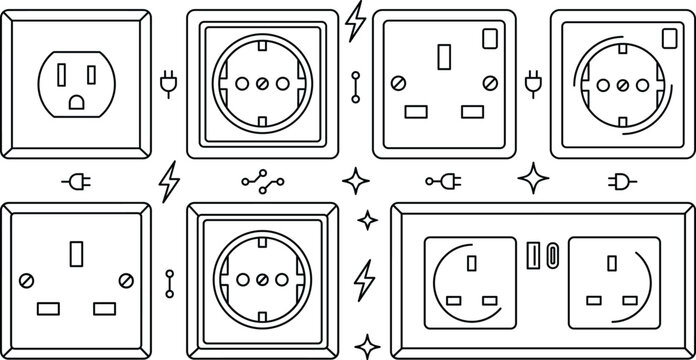 Electrical wall socket icons set including universal international power outlets type variants vector line illustration