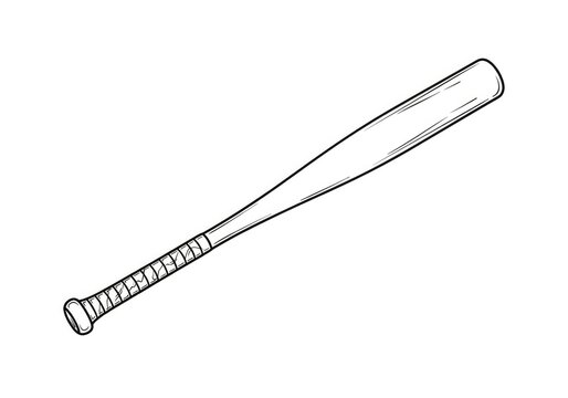 A baseball bat is drawn in black outline on a white background. The bat has a wooden handle wrapped with a dark grip and a smooth, cylindrical barrel.