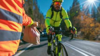 Fototapeta premium Cyclist Receiving Feed Bag on Rural Road