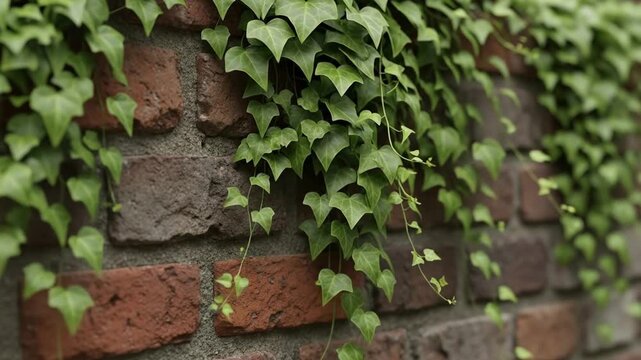 Lush Green Ivy Vines Growing on an Old Brick Wall in a Garden.