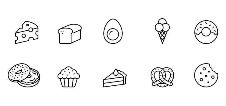 Cheese bread avocado ice cream donut cookie muffin cake pretzel snack simple line icon set with bakery food dessert, cheese bread avocado ice cream donut cookie muffin cake pretzel snack outline