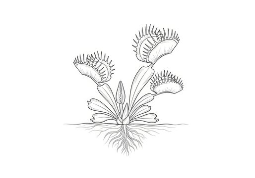 A detailed black and white line drawing depicts a Venus flytrap plant.