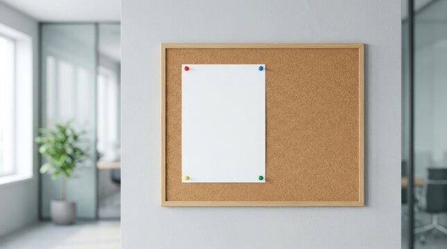 A light brown corkboard is mounted on a white wall in an office setting. A white document is pinned to the board with colorful pushpins.