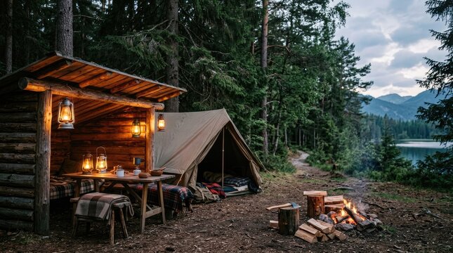 A warm lantern illuminates a rustic log cabin shelter nestled in a dense forest. A canvas tent sits nearby, with a small table set for a meal.