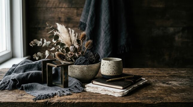 A dark, moody still life arrangement sits on a weathered wooden table. A textured ceramic bowl filled with dried flowers and seed pods rests in the center.