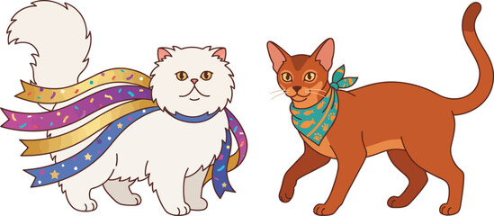 Fototapeta premium Two playful feline friends, a fluffy white cat with festive ribbons and a sleek companion, enjoying a bright day on a clean white background.