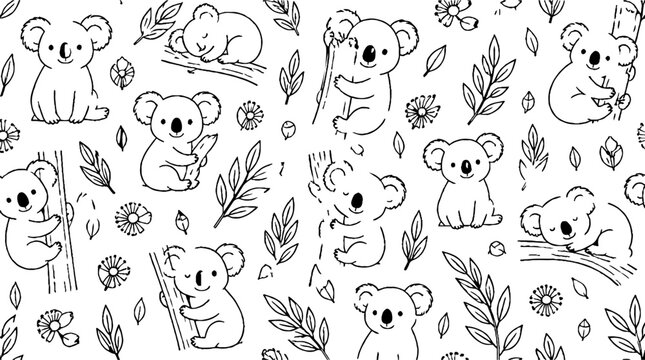 Cute Koala Bears and Eucalyptus Leaves Pattern.