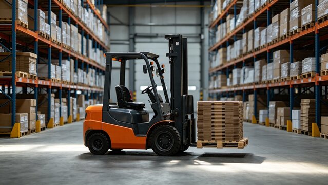 Forklift Moving Pallet Boxes In A Warehouse